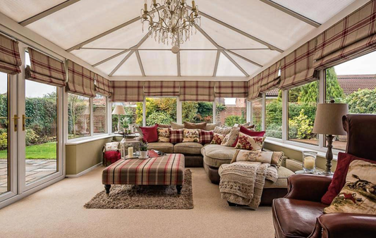 Check-patterned conservatory roman blinds