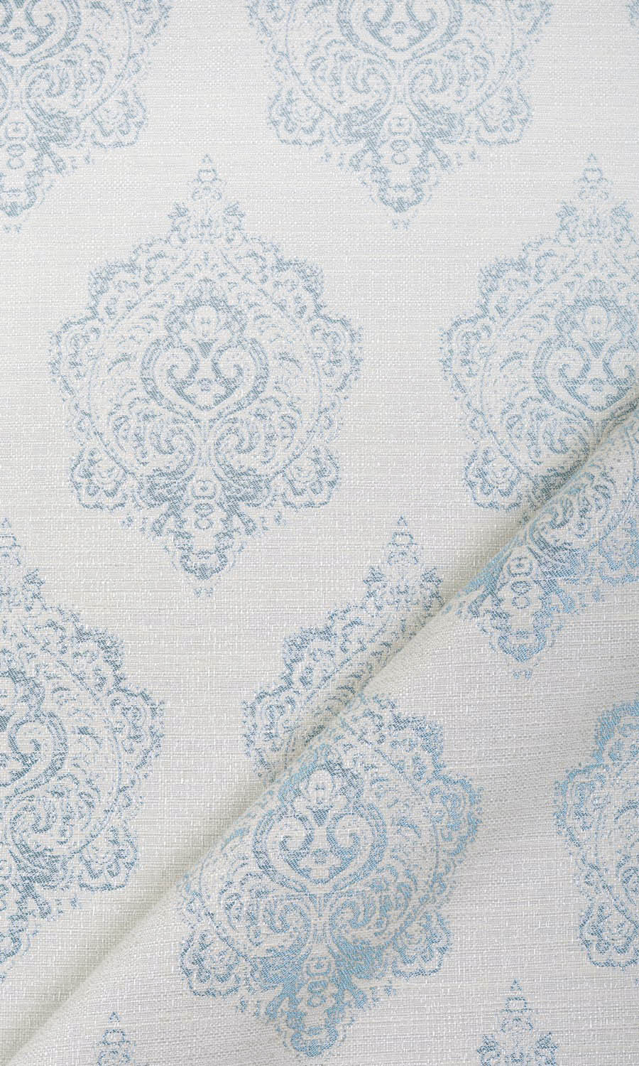 Damask Poly-Cotton Home Textile Fabric Material By the Metre (White/ Blue)