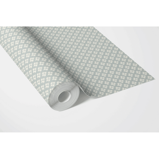 Small Geometric Ikat-Style Floral Block Print Traditional Wallpaper (Duck Egg Blue/ White)