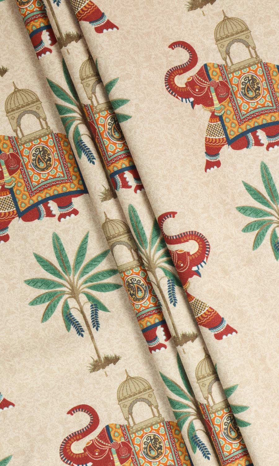 Elephant Print Cotton Fabric Material By the Metre (Ivory/ Red/ Green)
