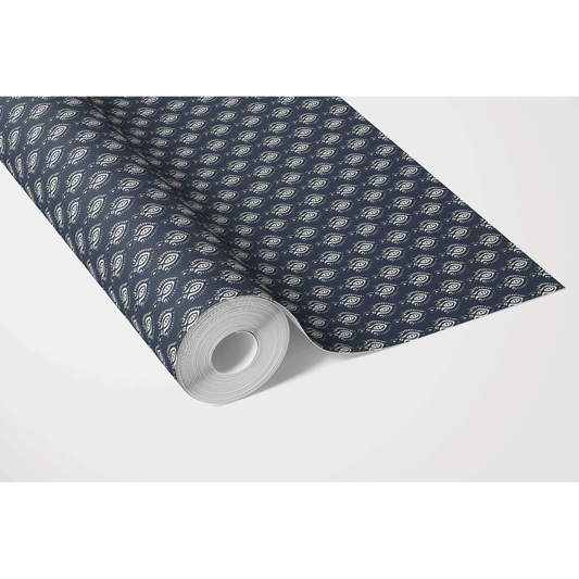 Textured Teardrop/ Paisley Block Print Traditional Wallpaper (Navy Blue/ White)
