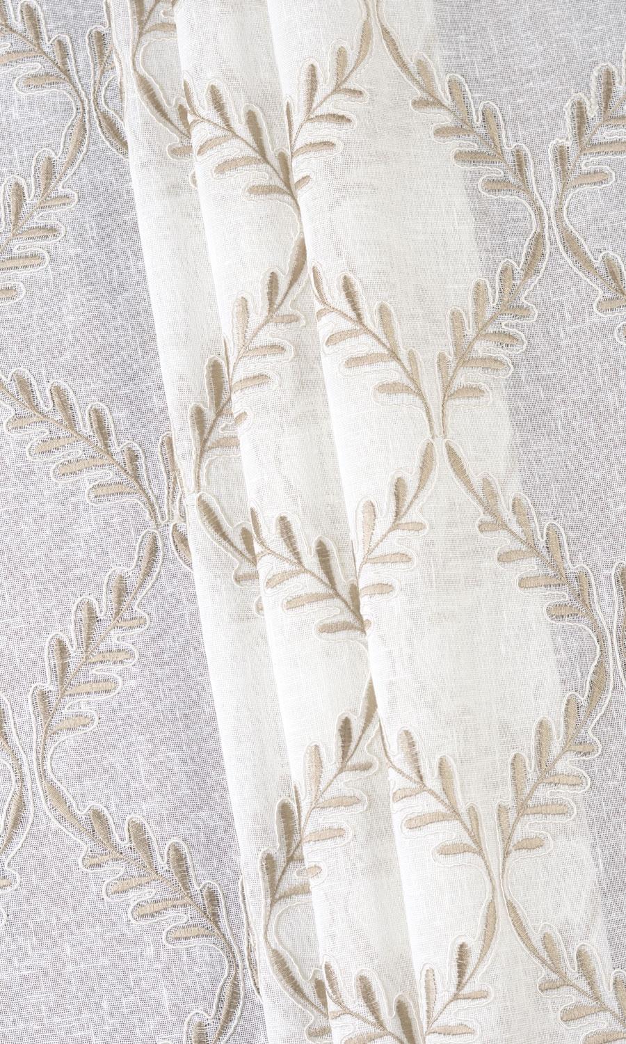 Sheer Floral Embroidered Home Textile Fabric Material Sample (White/ Brown)