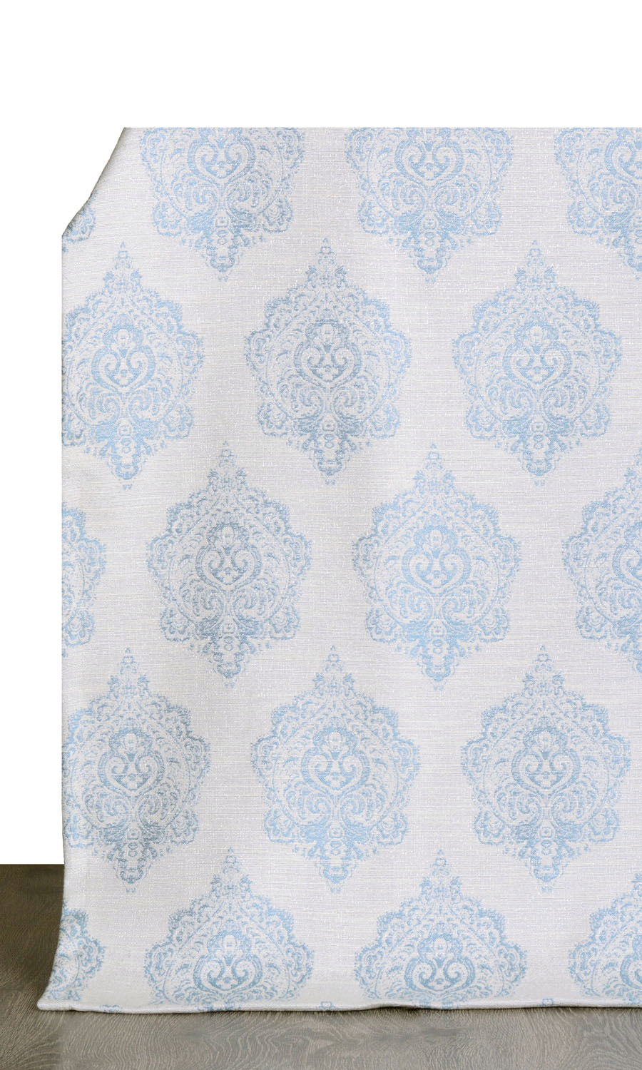 Damask Poly-Cotton Window Treatments Fabric By the Metre (White/ Blue)