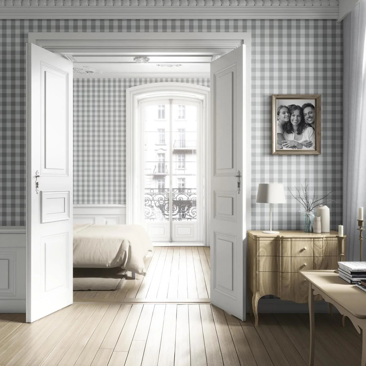 Geometric Gingham Kitchen Wallpaper (Grey)