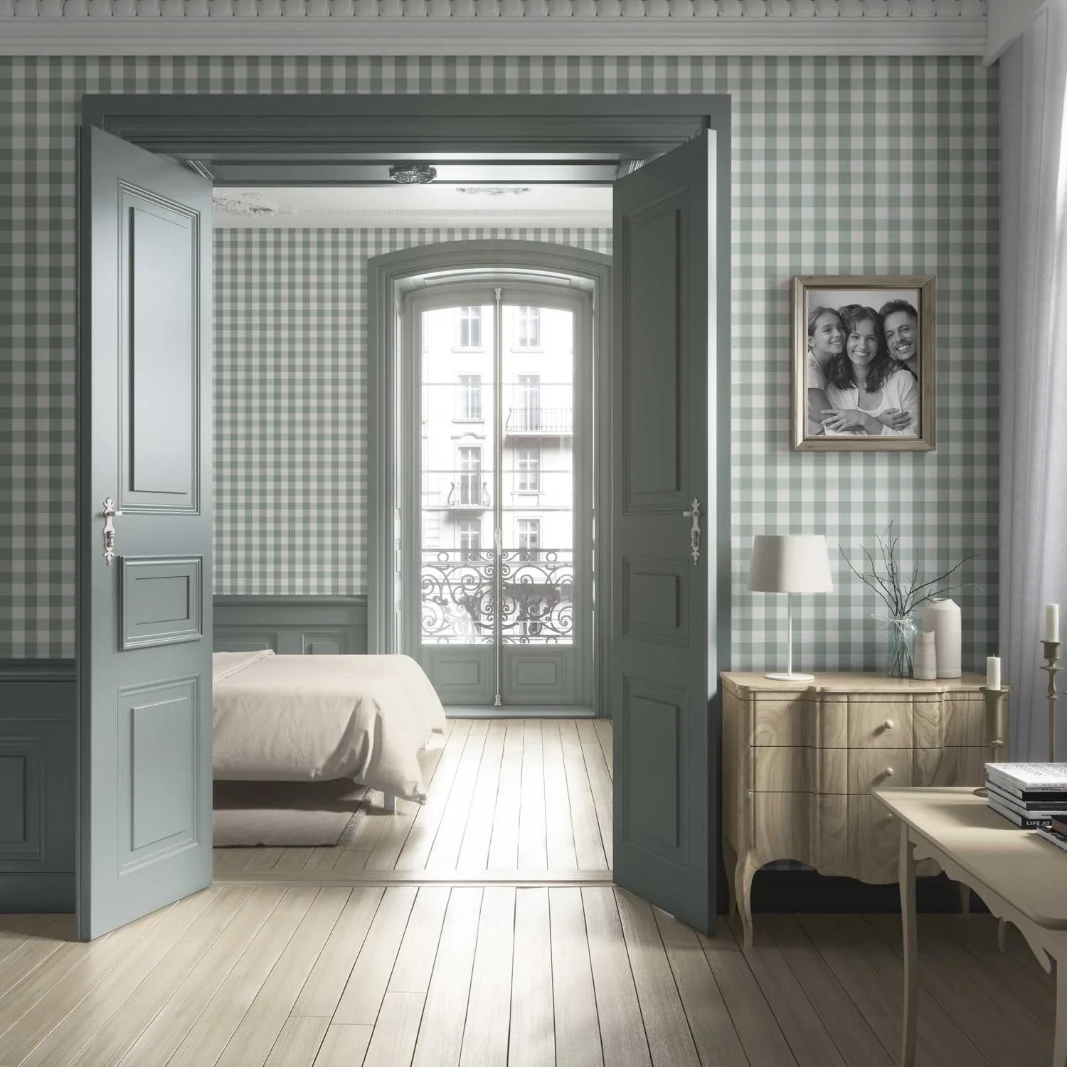 Geometric Gingham Kitchen Wallpaper (Duck Egg Blue)