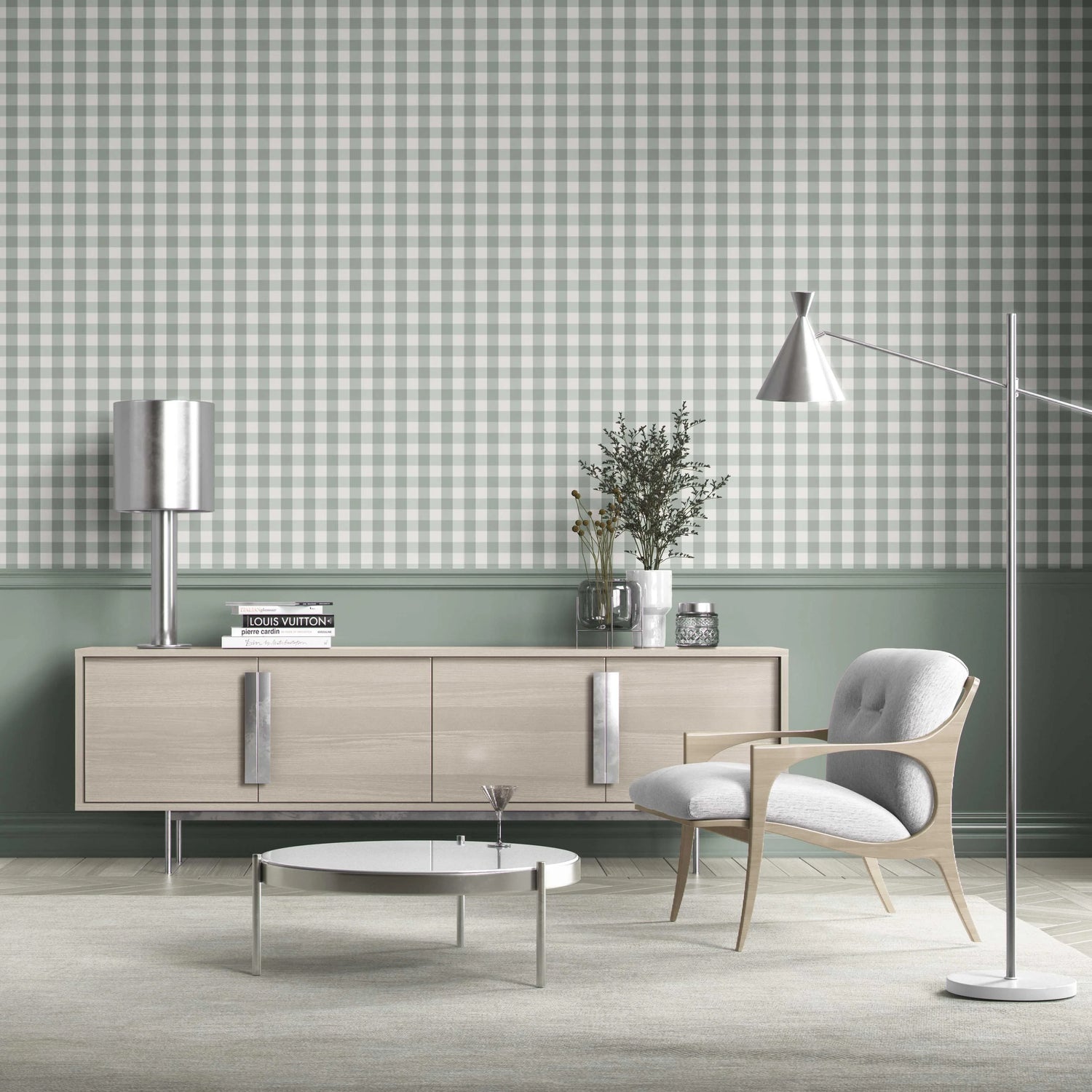 Geometric Gingham Living Room Wallpaper (Duck Egg Blue)