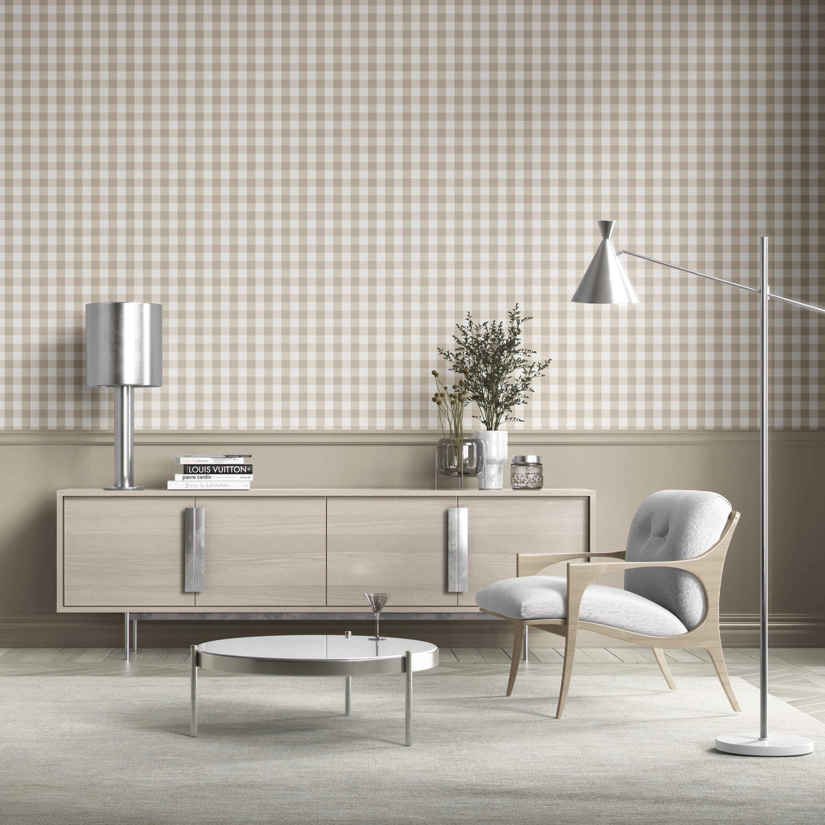 Neutral Geometric Gingham Kitchen Wallpaper (Warm Beige)