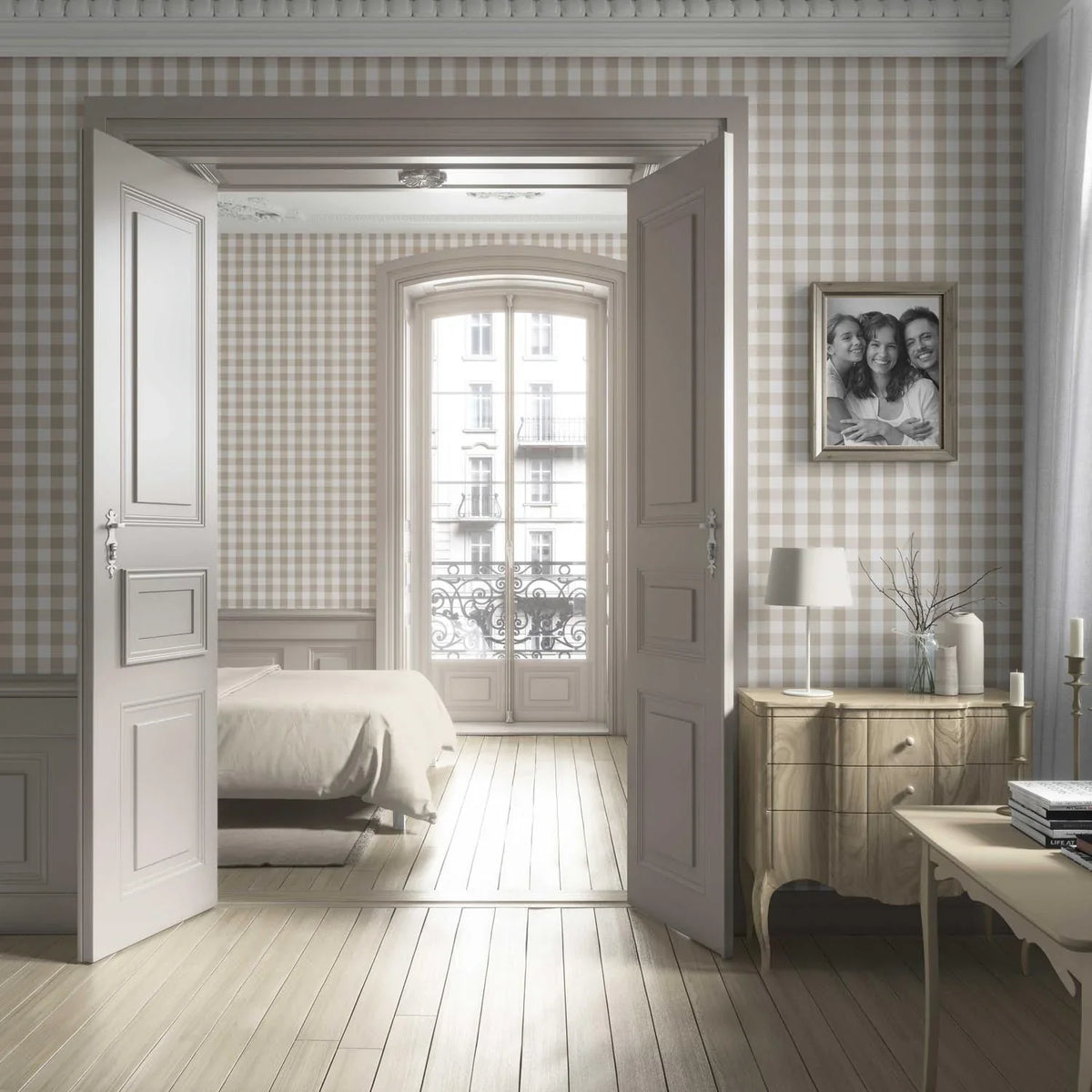 Neutral Geometric Gingham Living Room Wallpaper (Warm Beige)