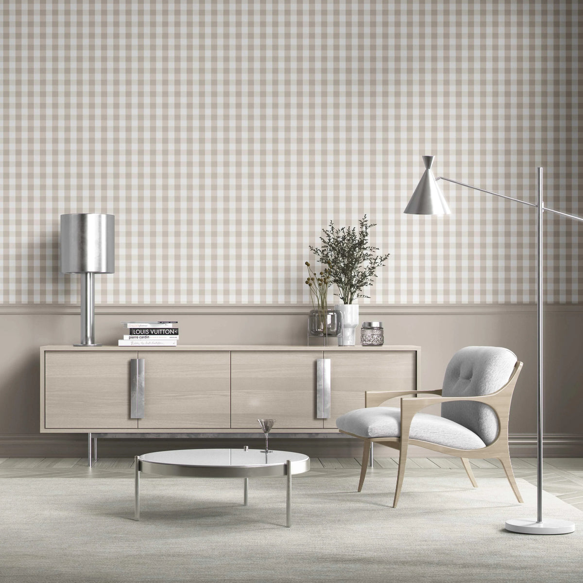 Neutral Geometric Gingham Kitchen Wallpaper (Soft Taupe)