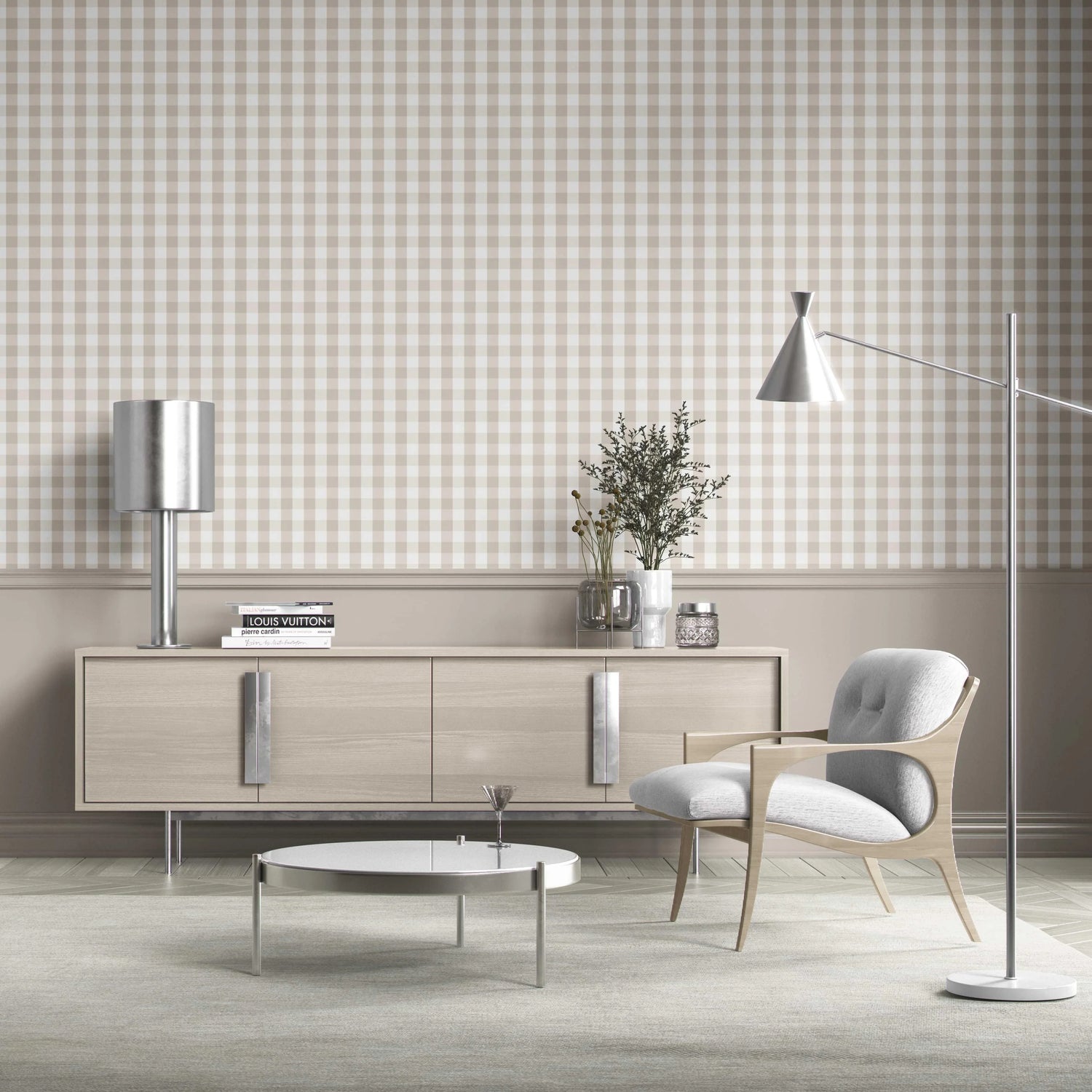Neutral Geometric Gingham Kitchen Wallpaper (Soft Taupe)