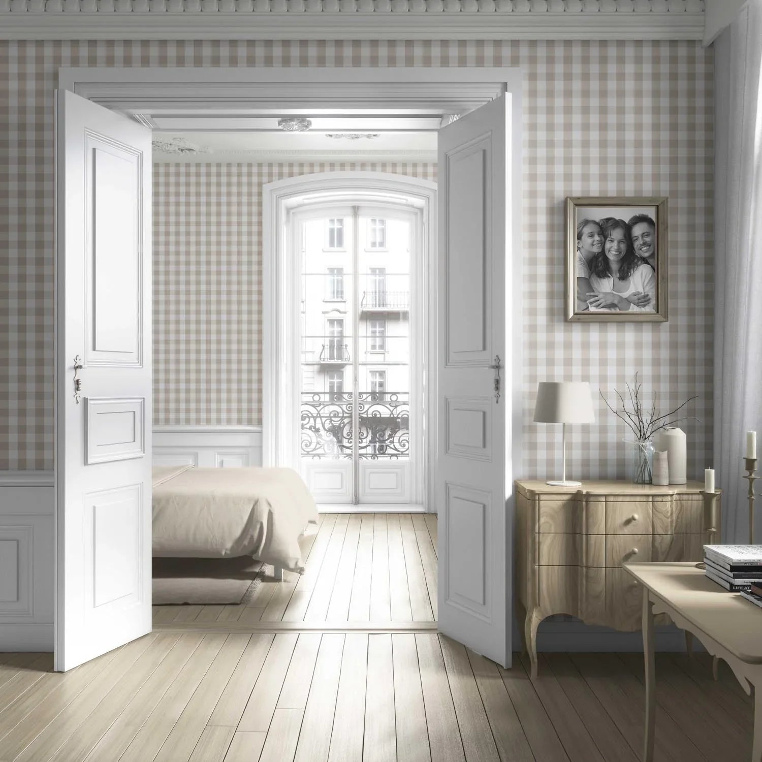 Neutral Geometric Gingham Living Room Wallpaper (Soft Taupe)