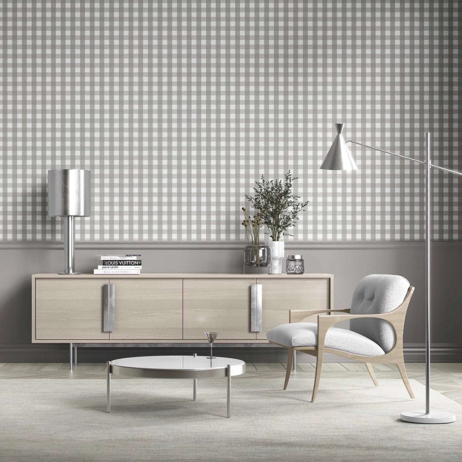Neutral Geometric Gingham Kitchen Wallpaper (Stone Grey)