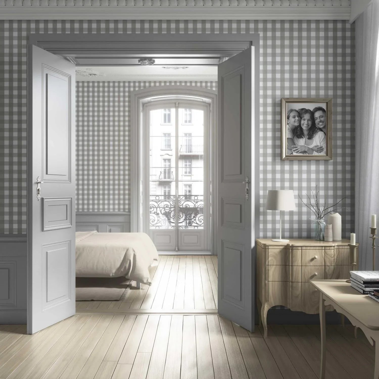 Neutral Geometric Gingham Living Room Wallpaper (Stone Grey)