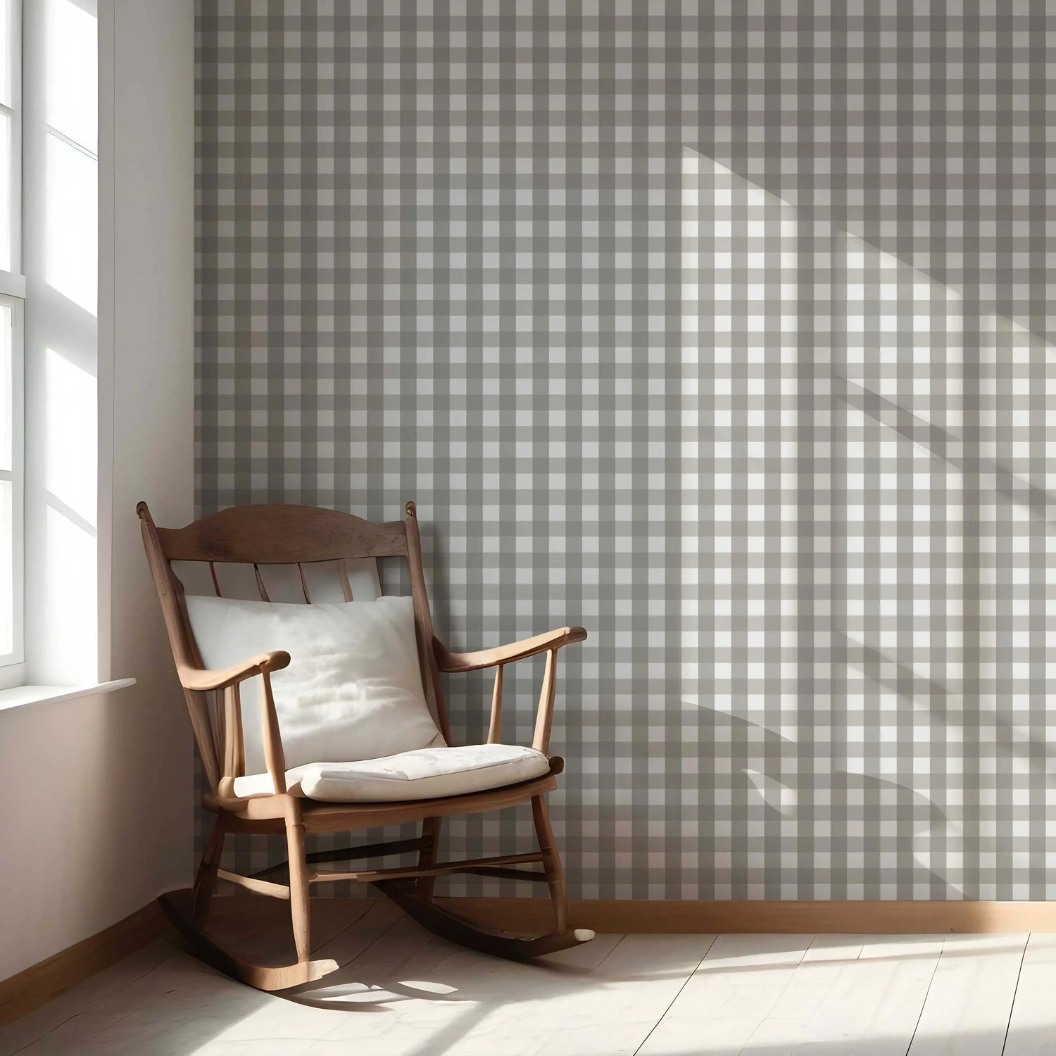 Neutral Geometric Gingham Nursery Wallpaper (Stone Grey)