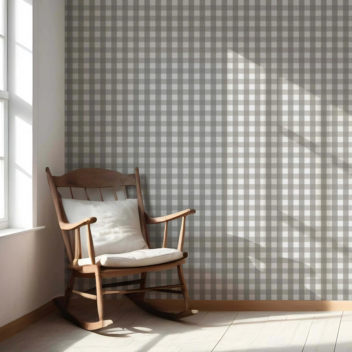 Neutral Geometric Gingham Nursery Wallpaper (Stone Grey)