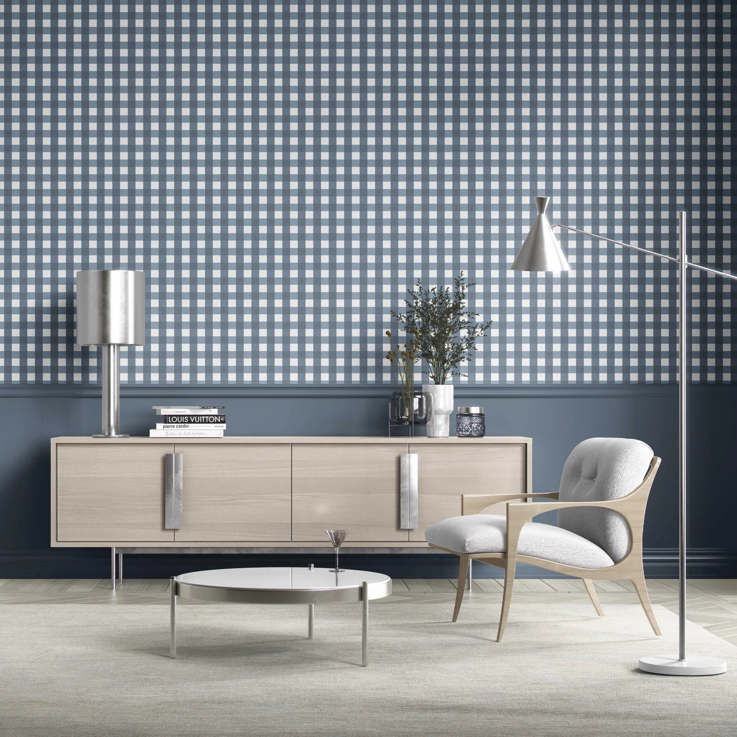 Geometric Gingham Kitchen Wallpaper (Slate Blue)