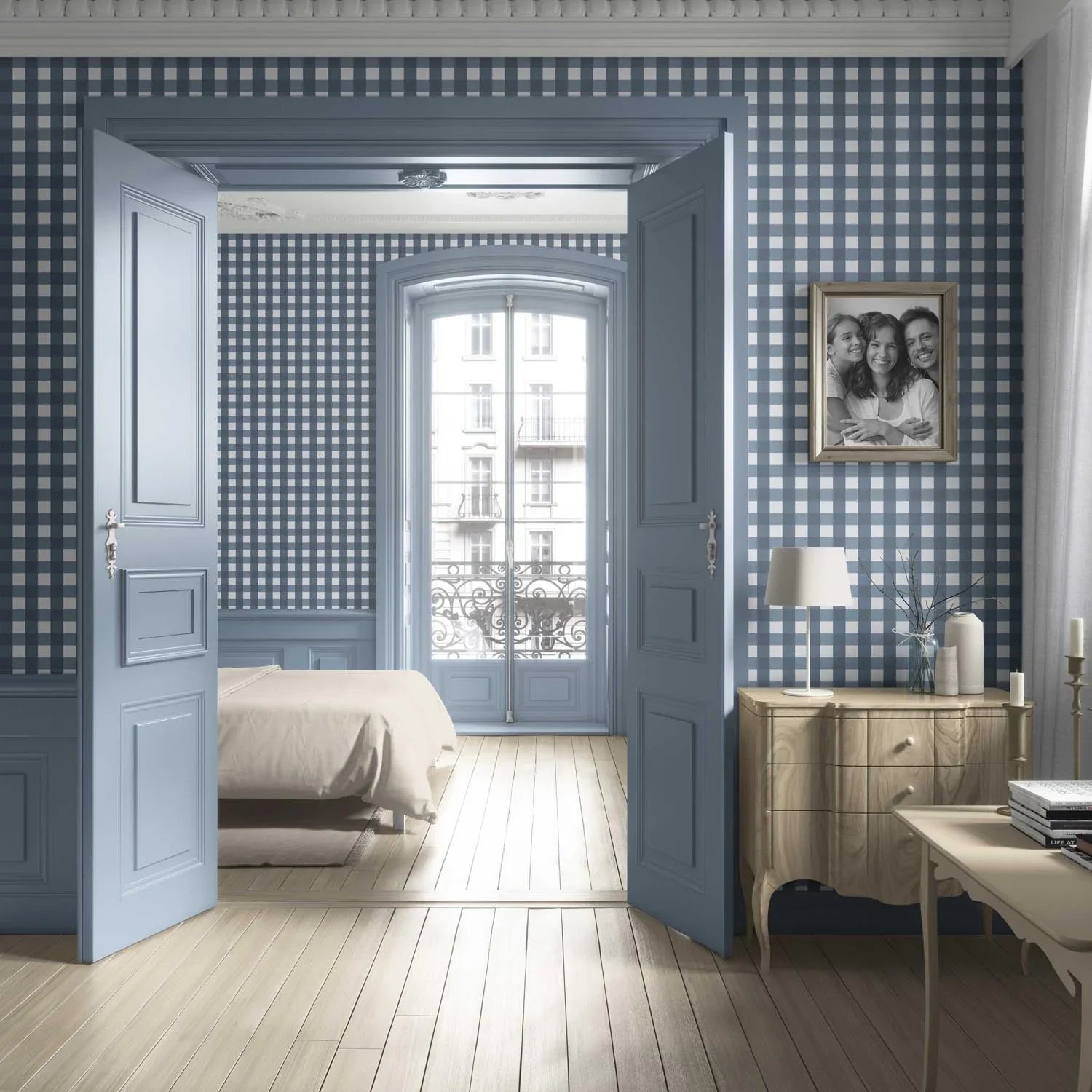 Geometric Gingham Living Room Wallpaper (Slate Blue)
