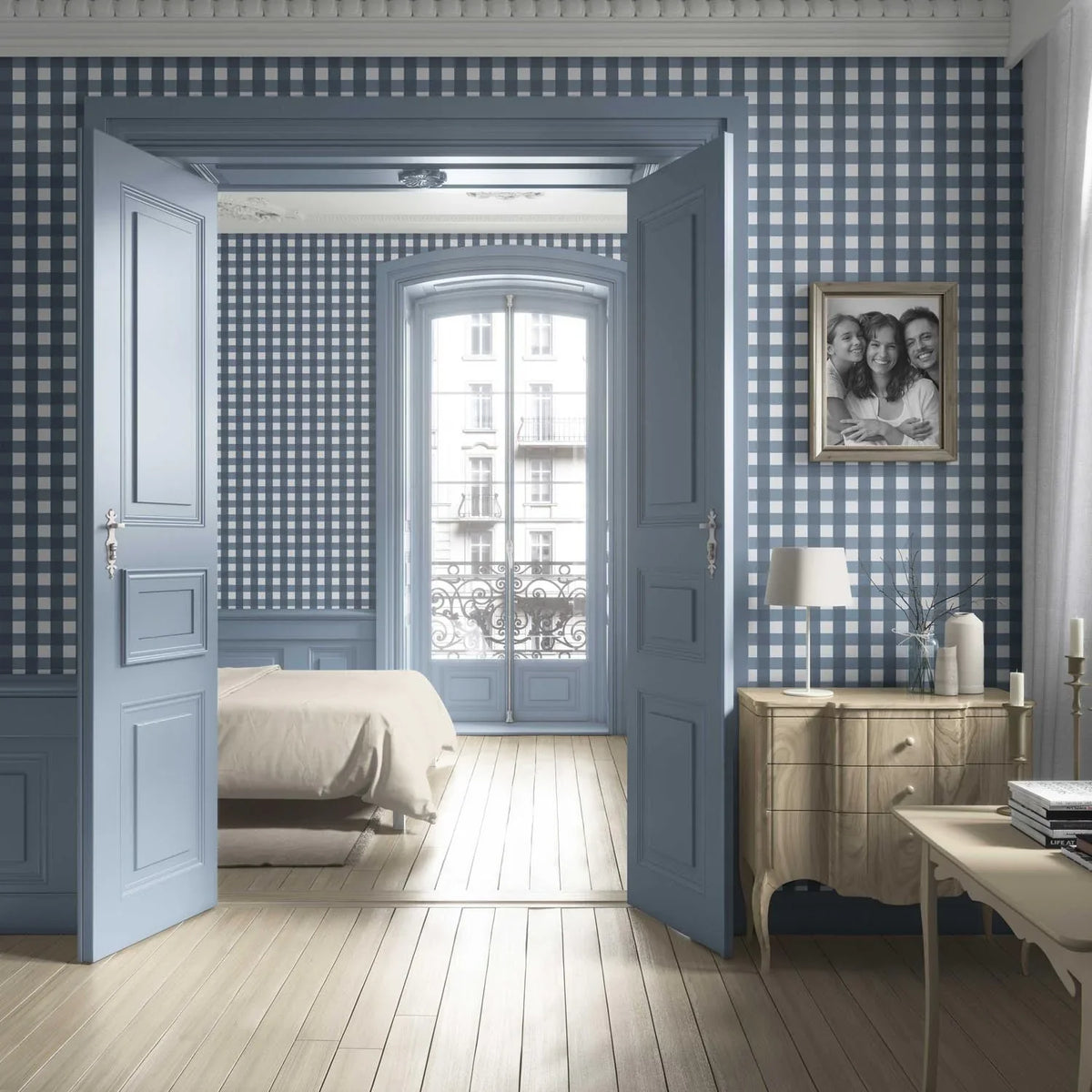 Geometric Gingham Living Room Wallpaper (Slate Blue)