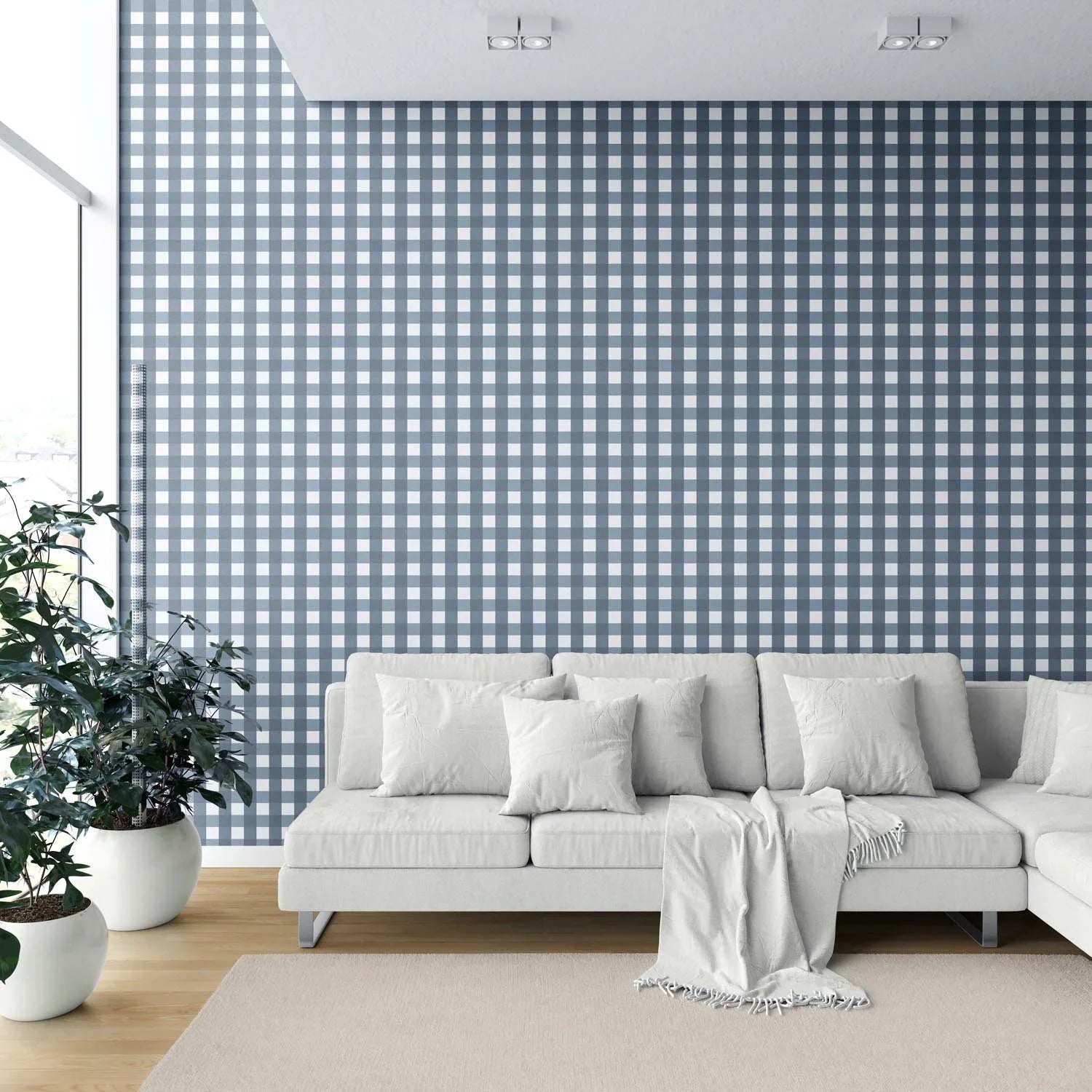 Geometric Gingham Shower Toilet Wallpaper (Slate Blue)