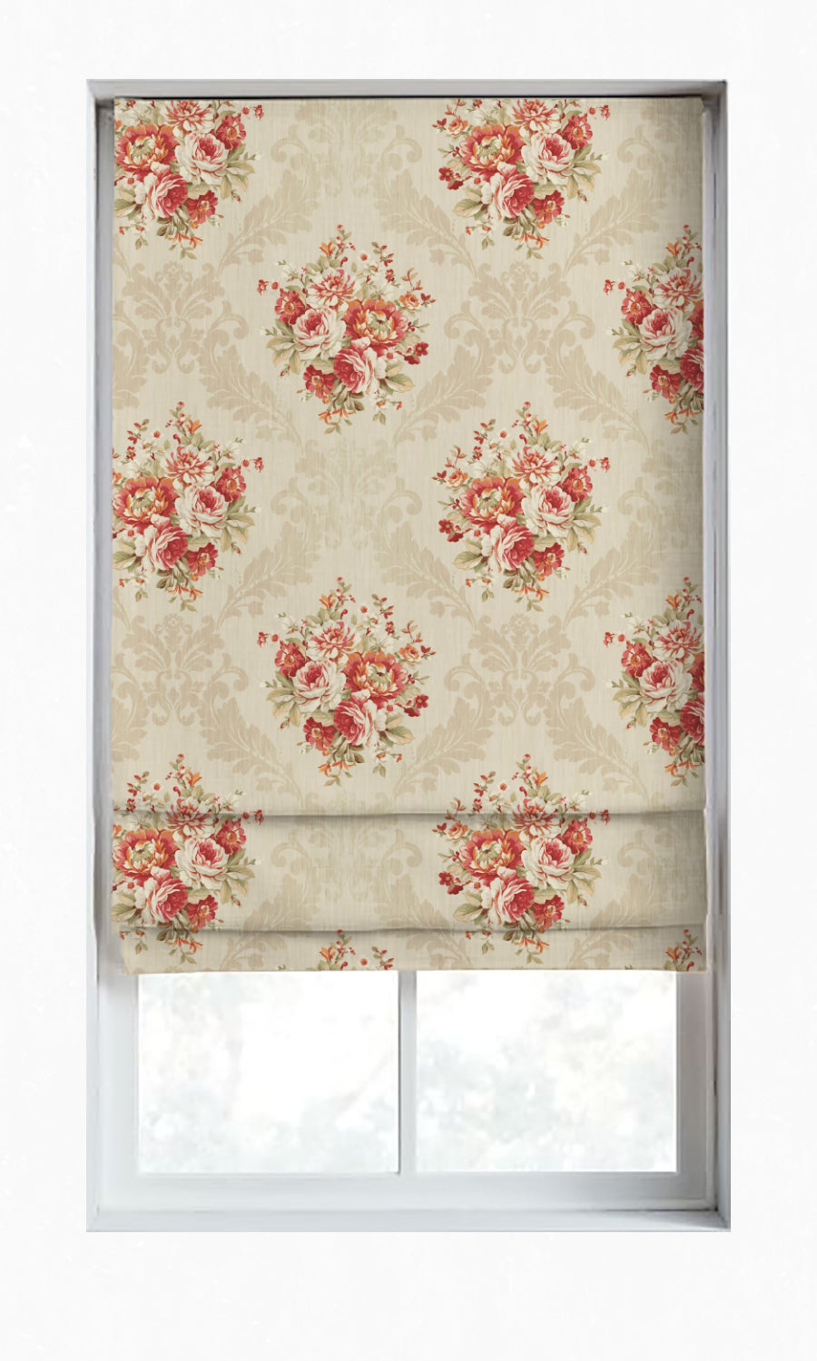 Dimout Floral Blinds (Red/ Creamy-Beige) for Living, Bedroom, Kitchen, Bathroom