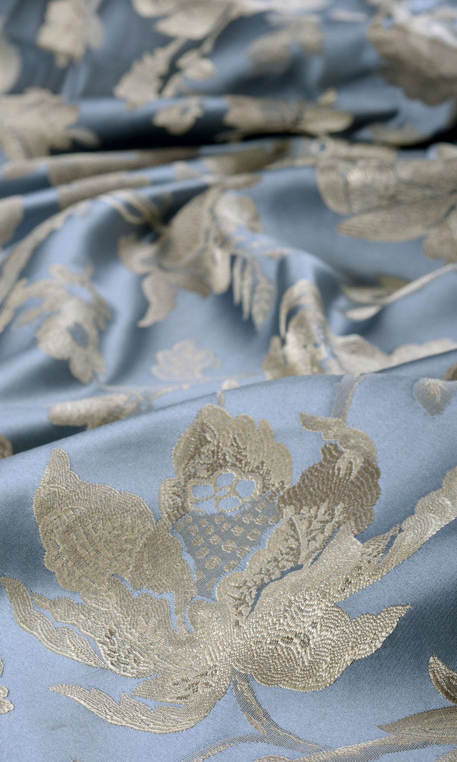 Floral Faux Silk Fabric Sample for Roman Blinds & Shades (Indigo Blue/ Greige)