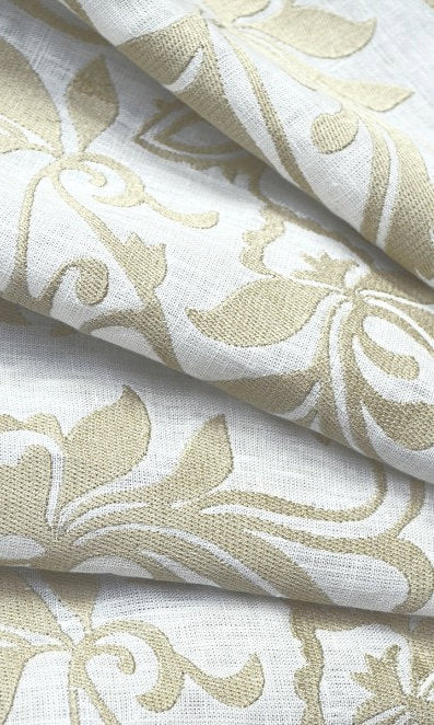 Floral Embroidered Linen Home Décor Fabric By the Metre (White/ Ivory)