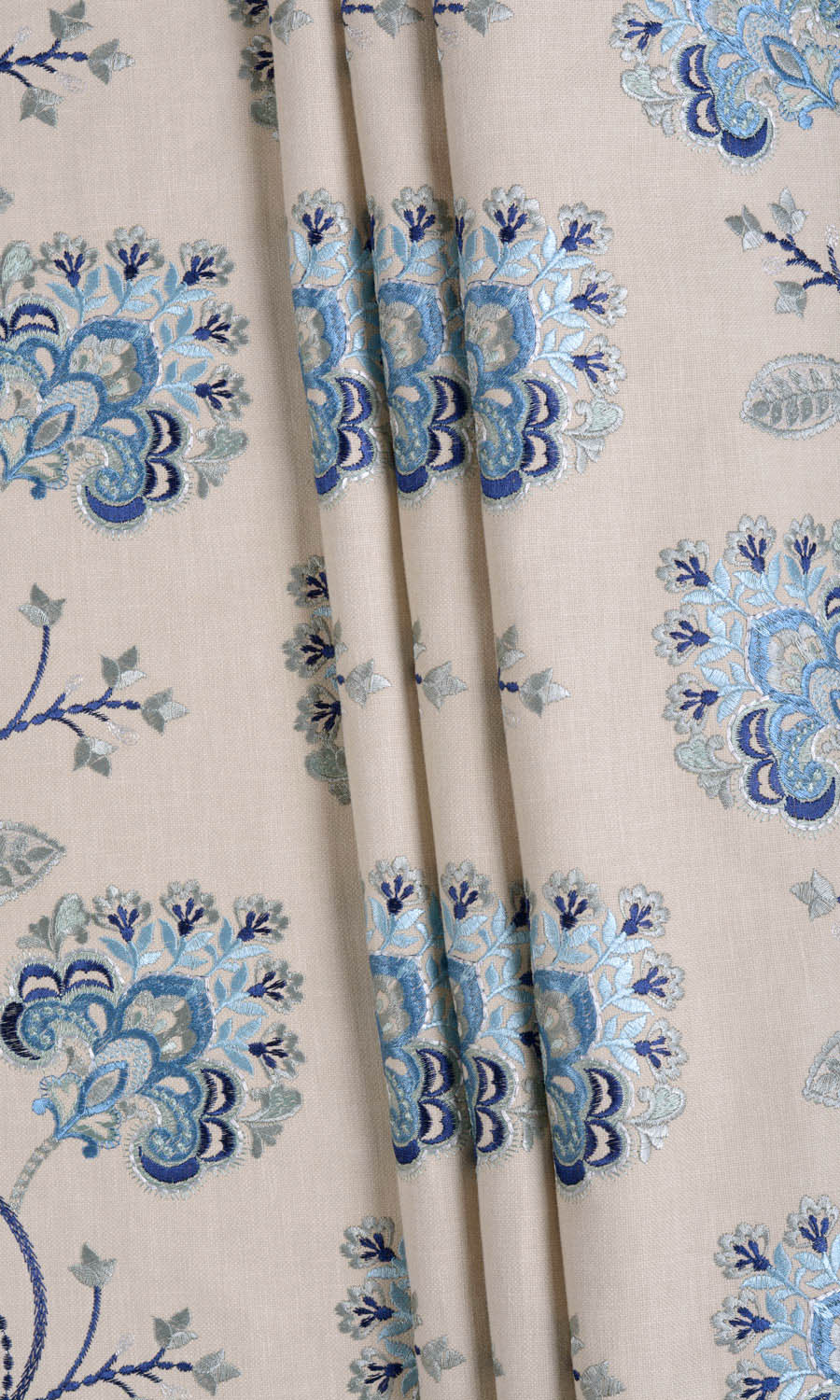 Floral Embroidered Cotton Fabric Material By the Metre (Beige/ Blue)