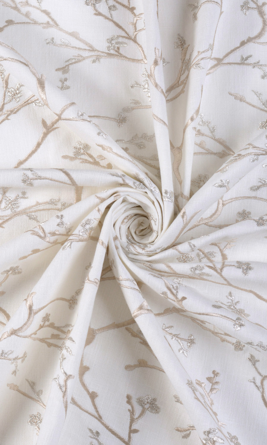 Floral Vine Print Embroidery Free Fabric Material Sample (White/ Beige)