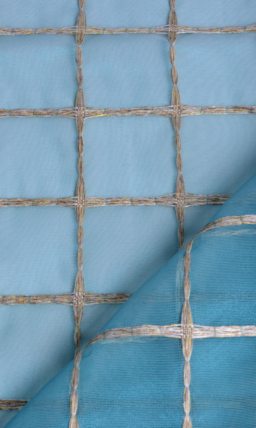 Embroidered Check Sheer Window Treatments Fabric By the Metre (Blue and Gold)
