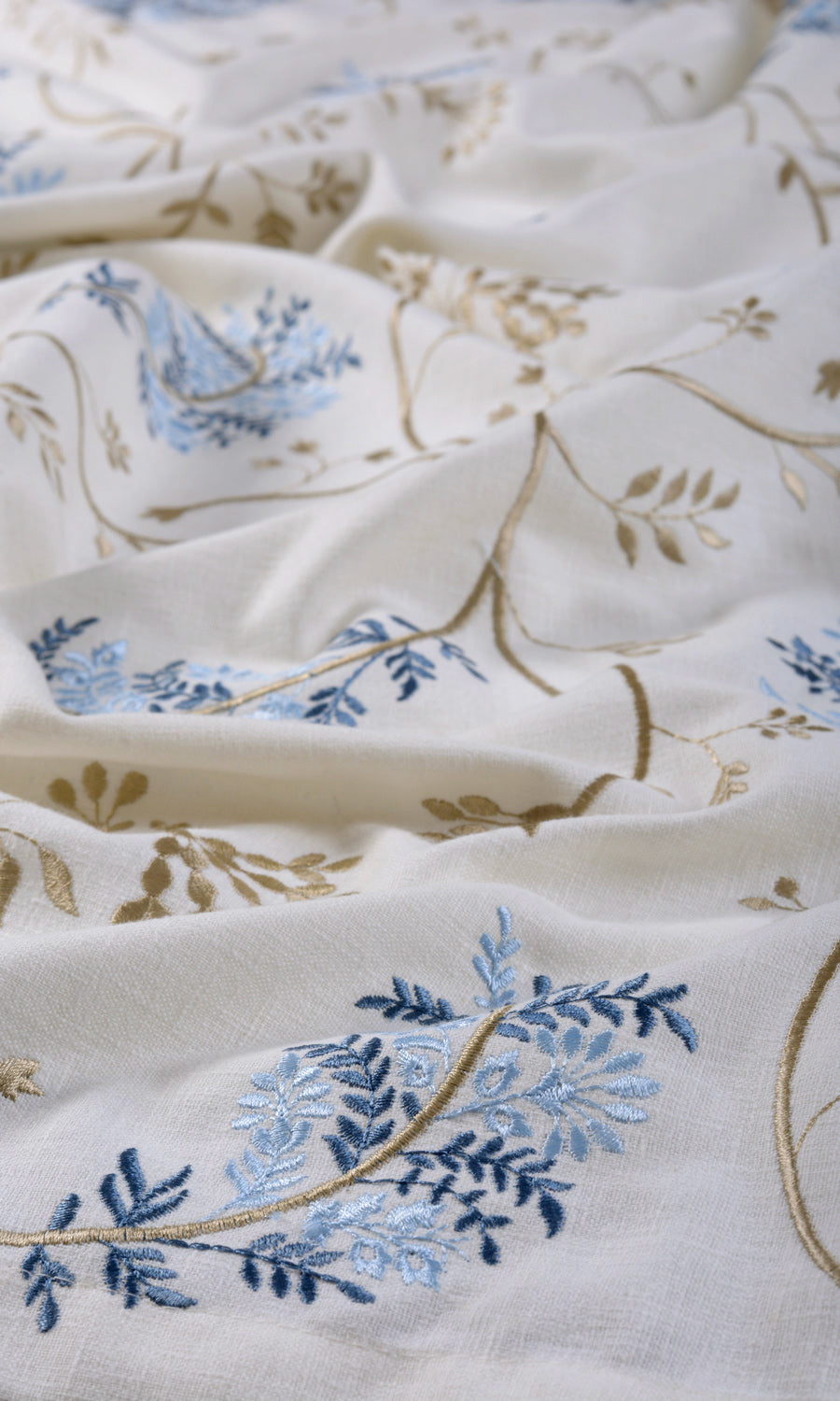 Floral Embroidery Fabric By the Metre for Roman Blinds & Shades (Brown/ Blue/ White)