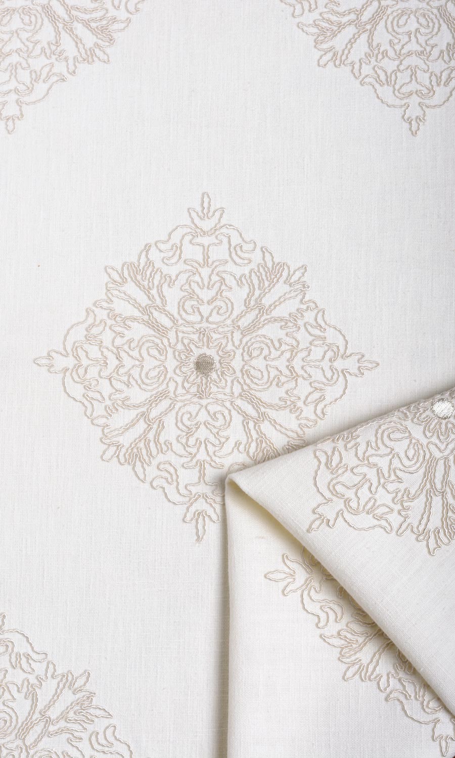 Poly-Linen Embroidered Home Textile Fabric Material Sample (White/ Cream)