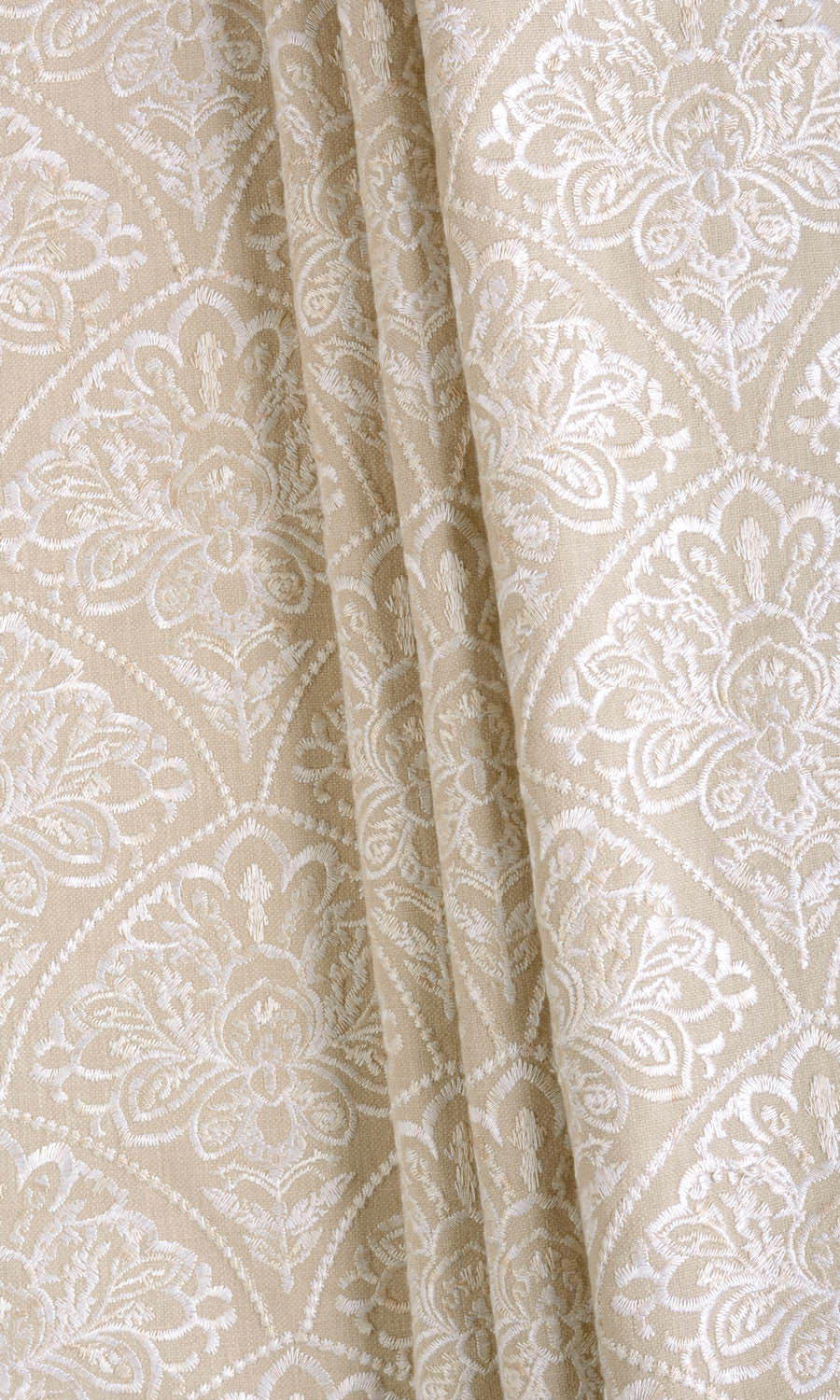 Embroidered Fabric Material By the Metre (Oatmeal Beige/ White)