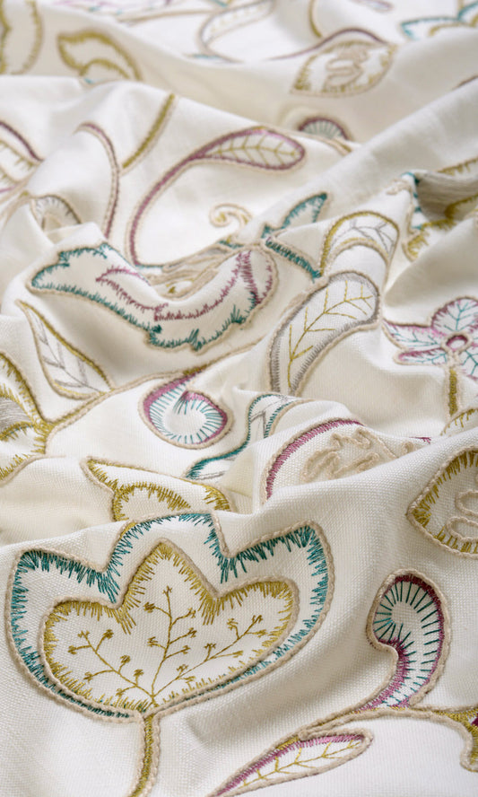 Vine Embroidered Home Décor Fabric Sample (White/ Green/ Pink)