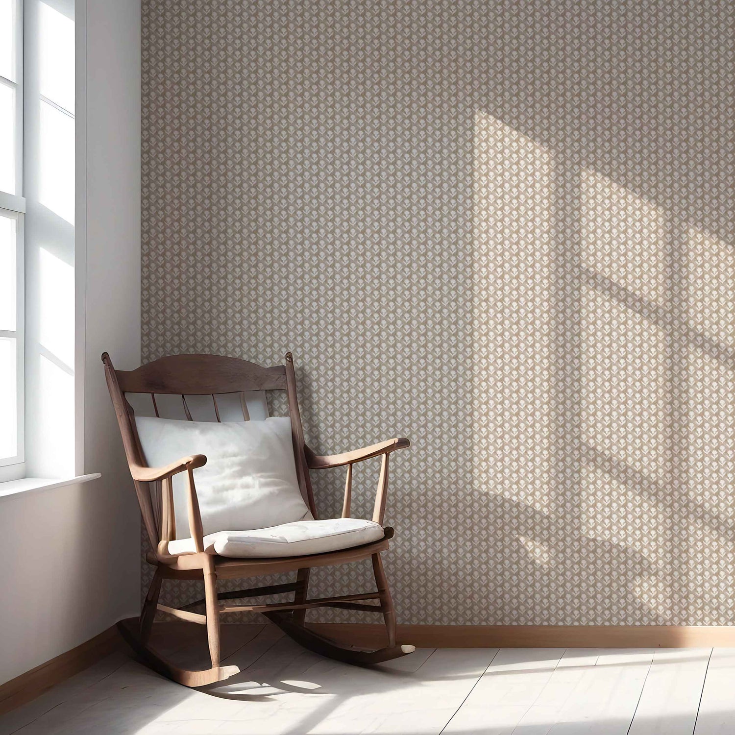 Neutral Small Floral Block Print Nursery Wallpaper (Beige/ White)