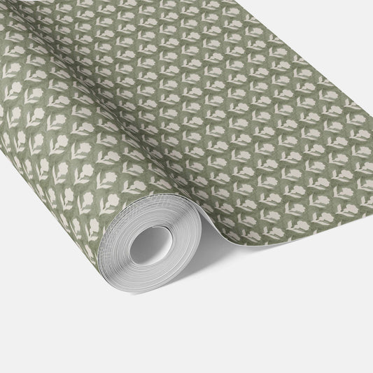 Small Floral Block Print Traditional Wallpaper (Green/ White)