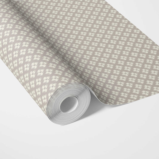 Neutral Small Geometric Ikat-Style Floral Block Print Traditional Wallpaper (Gray/ White)