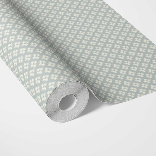 Small Geometric Ikat-Style Floral Block Print Traditional Wallpaper (Duck Egg Blue/ White)