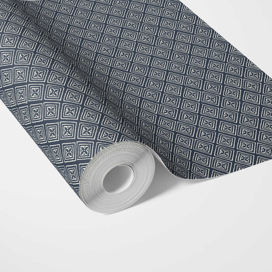 Small Diamond Lattice/ Textured Check Traditional Wallpaper (Midnight Blue/ White)