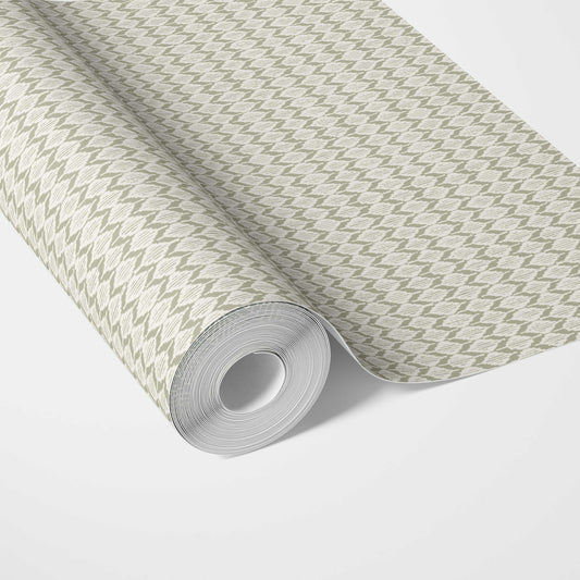Geometric Ikat Striped Traditional Wallpaper (Olive Green/ White)