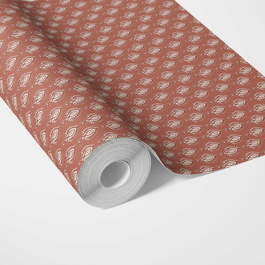 Textured Teardrop/ Paisley Block Print Traditional Wallpaper (Red/ White)