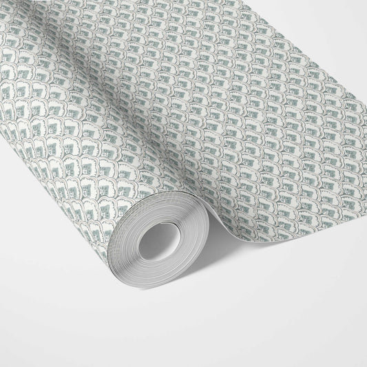 Small-Scale Floral Lattice Traditional Wallpaper (Blue-Green/ White)