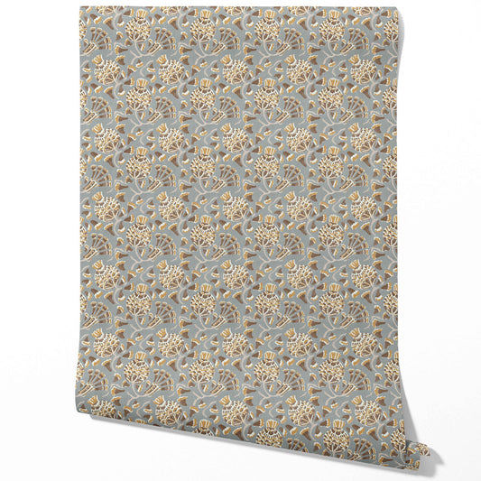Modern Floral/ Botanical Traditional Wallpaper (Blue-Gray/ Brown/ Gold/ Beige)