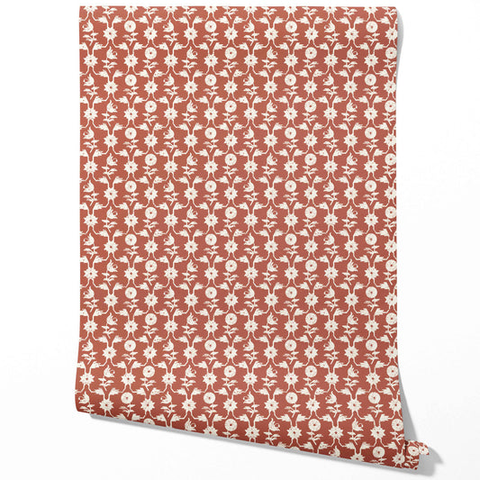 Modern Floral Botanical Traditional Wallpaper (Terracotta Red/ White)