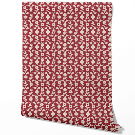 Modern Floral Botanical Traditional Wallpaper (Deep Red/ Off-White)