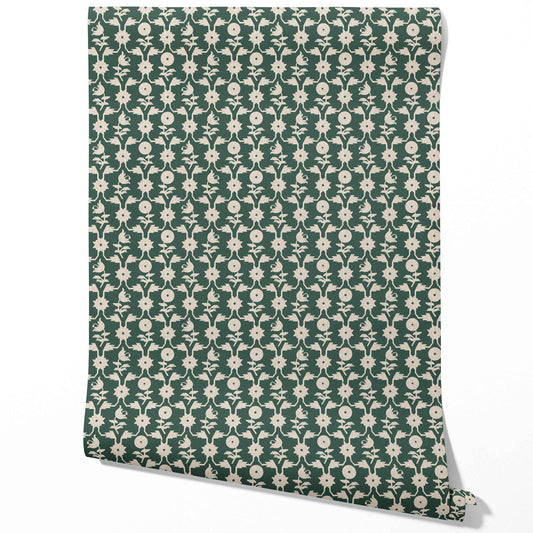 Modern Floral Botanical Traditional Wallpaper (Green/ Beige)