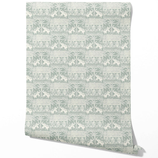 Ethnic/ Heritage Elephants & Animals Print Traditional Wallpaper (Duck Egg Blue/ White)