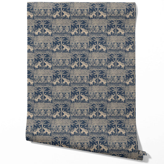 Ethnic/ Heritage Elephants & Animals Print Traditional Wallpaper (Smoky Blue/ Beige)