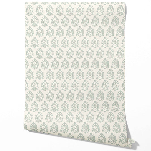 Vintage-Inspired Floral Block Print Traditional Wallpaper (Cream/ Sage Green)