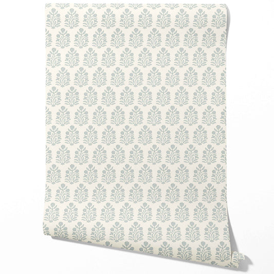 Vintage-Inspired Floral Block Print Traditional Wallpaper (Cream/ Blue-Green)