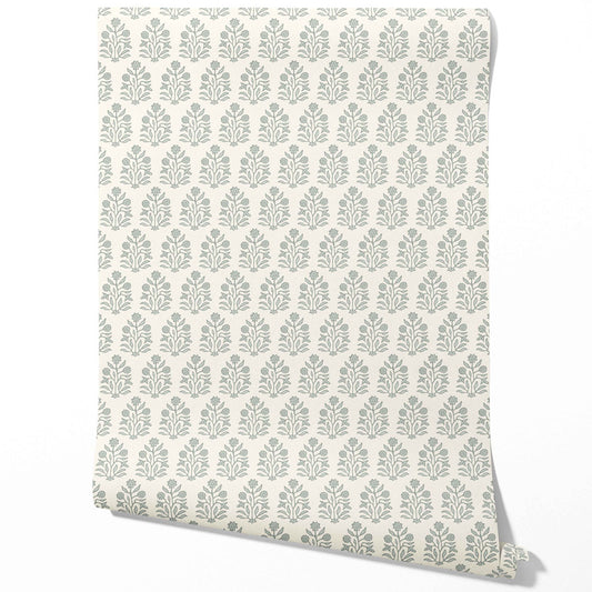 Neutral-Toned Botanical Floral Block Print Traditional Wallpaper (Sage Gray/ Cream)